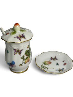 Vintage 50s Ardalt Lenwile Porcelain Jar Set Strawberry Butterfly Spoon Japan